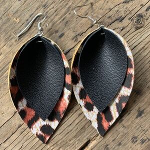 Black and Leopard Leather Earrings